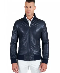 Uomo D'Arienzo Bomber - Giubbotto Bomber in pelle blu nappa effetto liscio