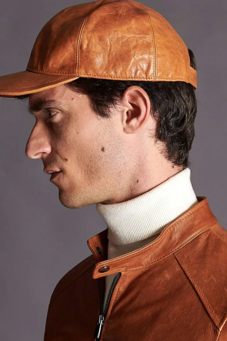 Uomo D'Arienzo Boston - Cappello baseball in pelle miele unisex berretto strappo regolabile