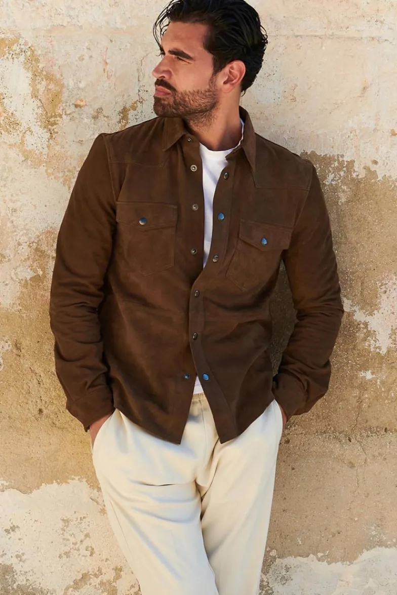 Uomo D'Arienzo Calvin - Camicia sfoderata camoscio fango con bottoni a pressione