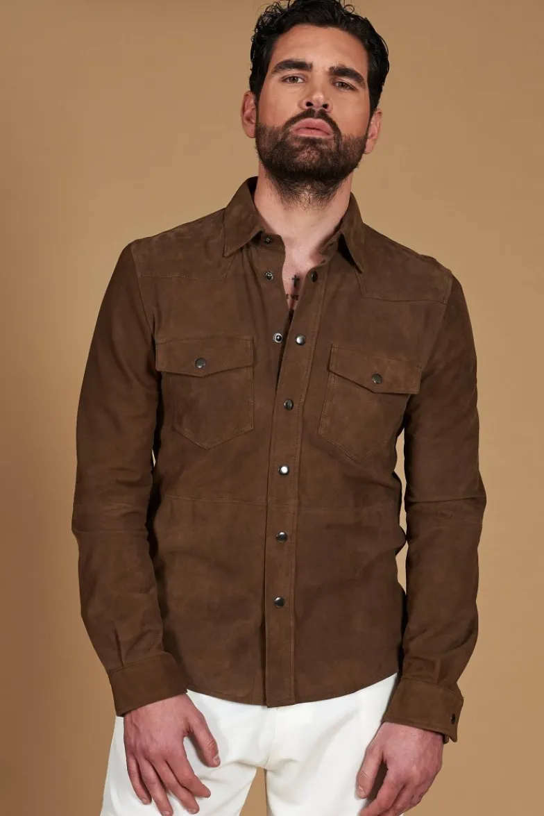 Uomo D'Arienzo Calvin - Camicia sfoderata camoscio fango con bottoni a pressione