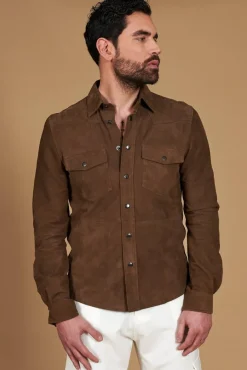 Uomo D'Arienzo Calvin - Camicia sfoderata camoscio fango con bottoni a pressione