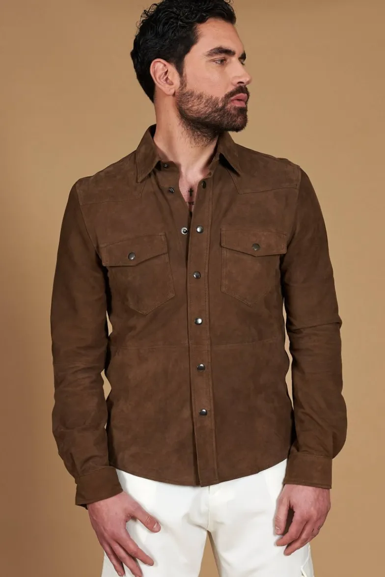 Uomo D'Arienzo Calvin - Camicia sfoderata camoscio fango con bottoni a pressione
