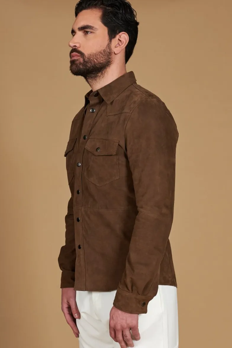 Uomo D'Arienzo Calvin - Camicia sfoderata camoscio fango con bottoni a pressione
