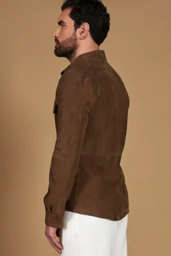 Uomo D'Arienzo Calvin - Camicia sfoderata camoscio fango con bottoni a pressione