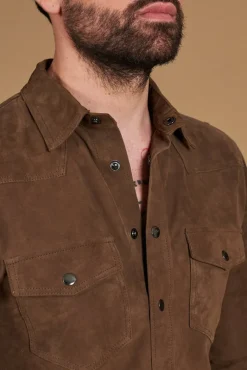 Uomo D'Arienzo Calvin - Camicia sfoderata camoscio fango con bottoni a pressione