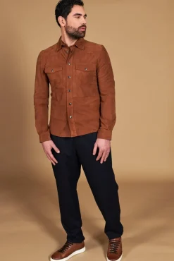 Uomo D'Arienzo Calvin - Camicia sfoderata camoscio cuoio con bottoni a pressione