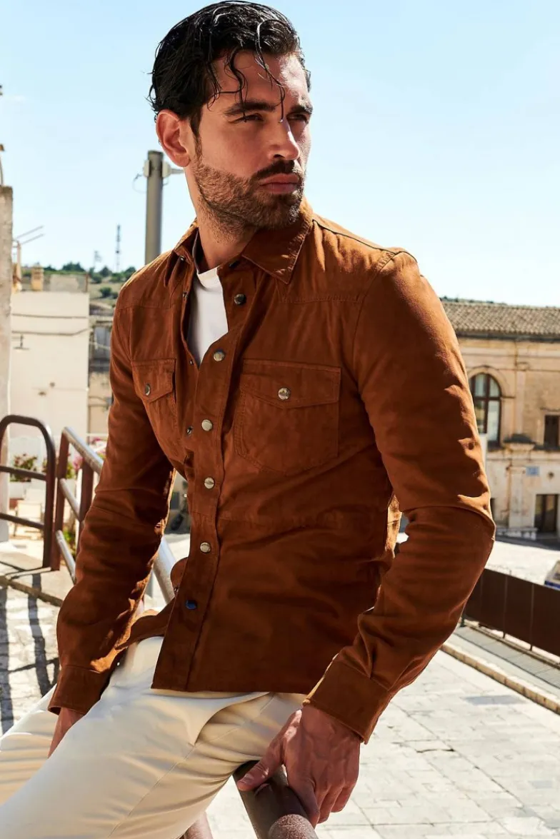 Uomo D'Arienzo Calvin - Camicia sfoderata camoscio cuoio con bottoni a pressione