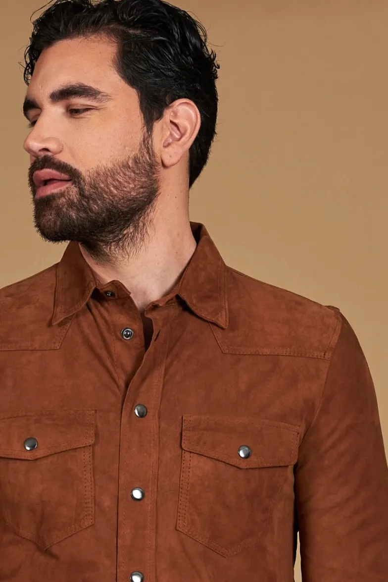Uomo D'Arienzo Calvin - Camicia sfoderata camoscio cuoio con bottoni a pressione