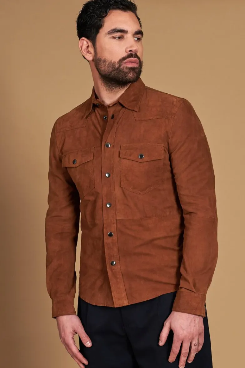 Uomo D'Arienzo Calvin - Camicia sfoderata camoscio cuoio con bottoni a pressione