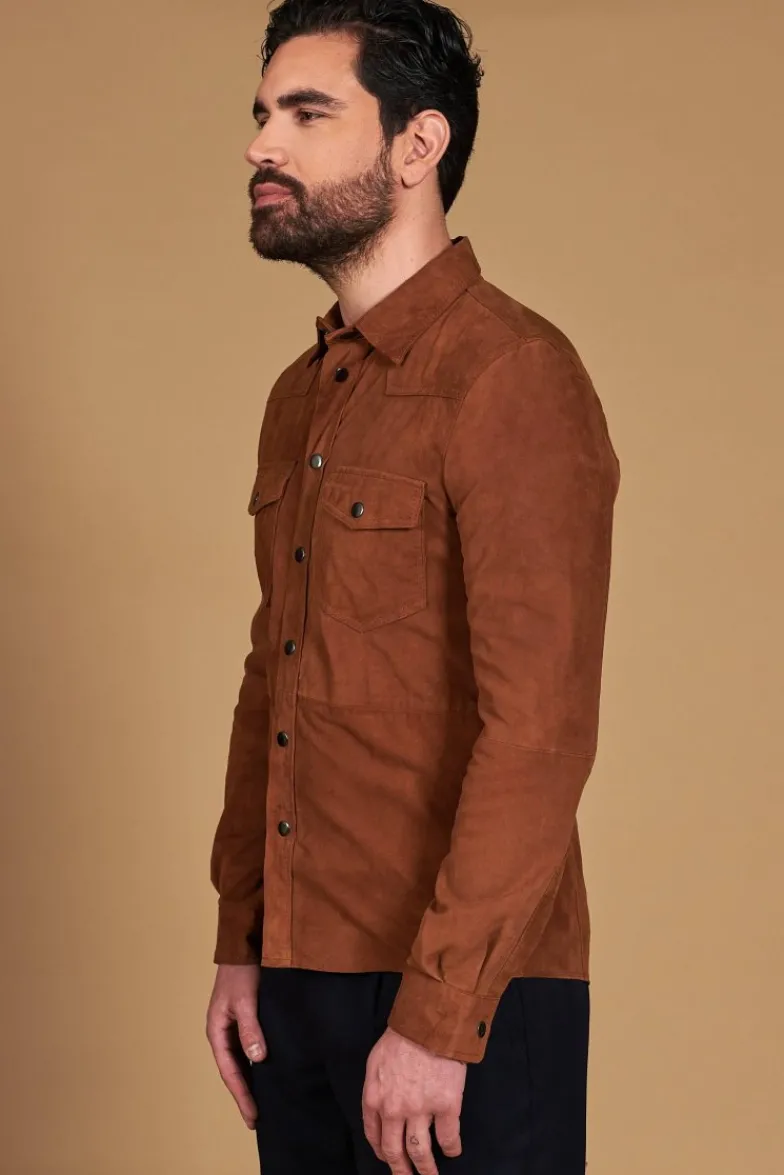 Uomo D'Arienzo Calvin - Camicia sfoderata camoscio cuoio con bottoni a pressione