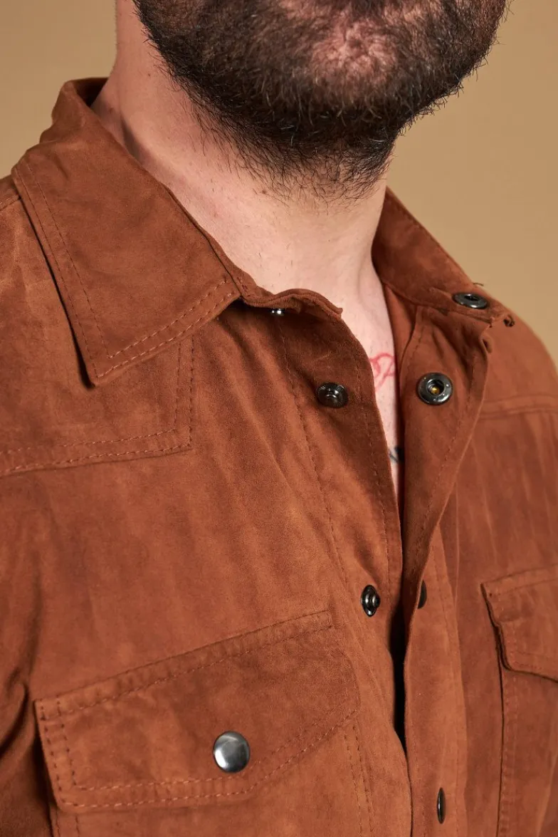 Uomo D'Arienzo Calvin - Camicia sfoderata camoscio cuoio con bottoni a pressione