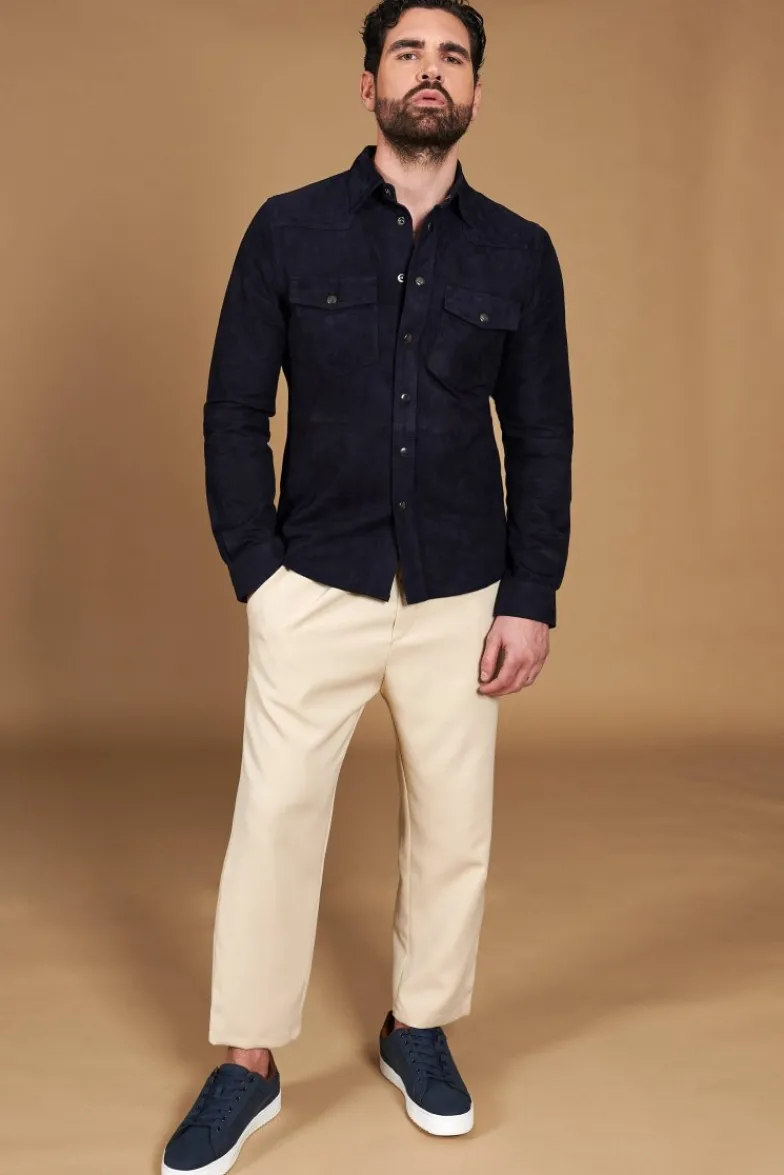 Uomo D'Arienzo Calvin - Camicia sfoderata camoscio blu con bottoni a pressione