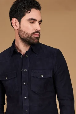 Uomo D'Arienzo Calvin - Camicia sfoderata camoscio blu con bottoni a pressione
