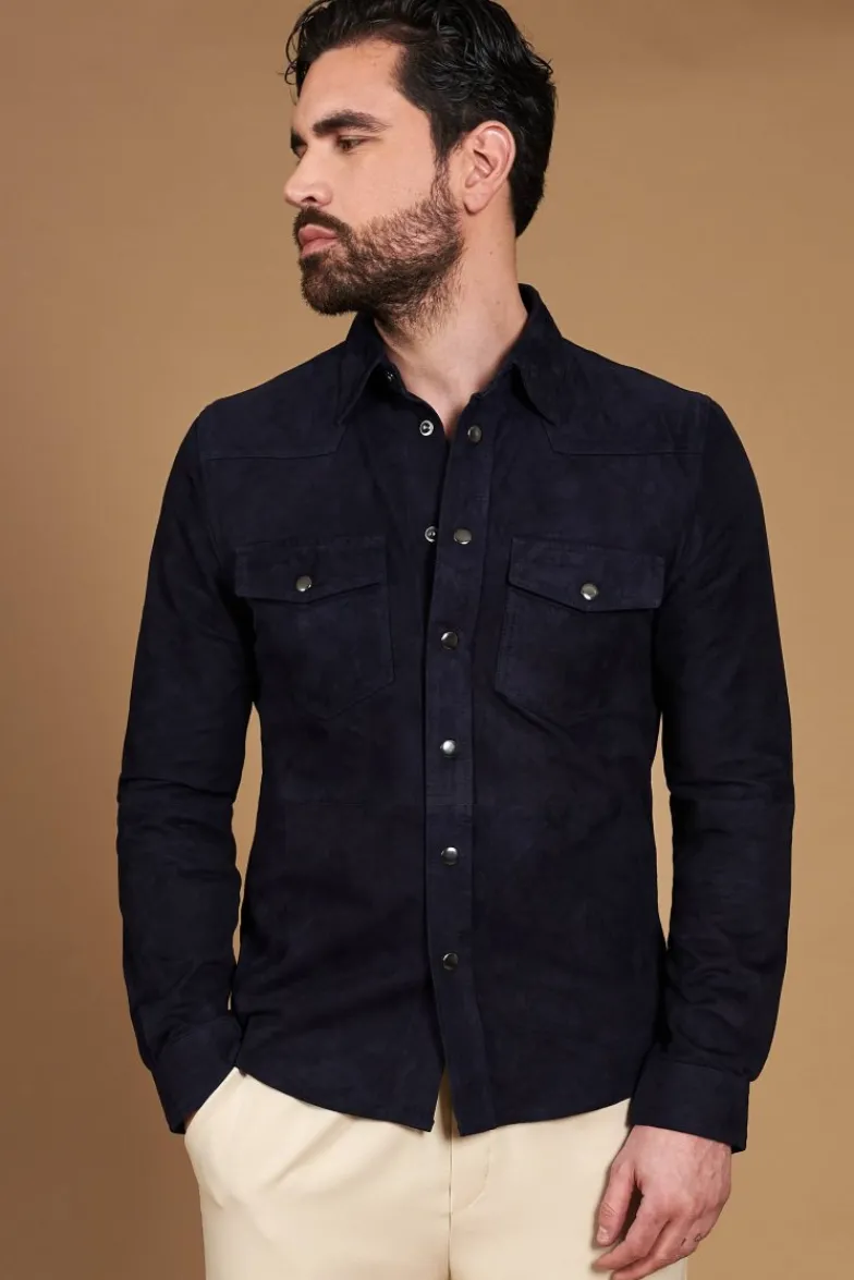 Uomo D'Arienzo Calvin - Camicia sfoderata camoscio blu con bottoni a pressione