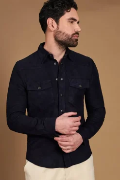 Uomo D'Arienzo Calvin - Camicia sfoderata camoscio blu con bottoni a pressione
