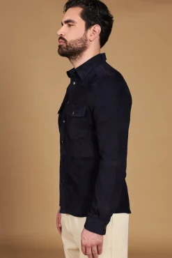 Uomo D'Arienzo Calvin - Camicia sfoderata camoscio blu con bottoni a pressione