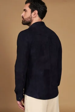 Uomo D'Arienzo Calvin - Camicia sfoderata camoscio blu con bottoni a pressione