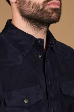Uomo D'Arienzo Calvin - Camicia sfoderata camoscio blu con bottoni a pressione