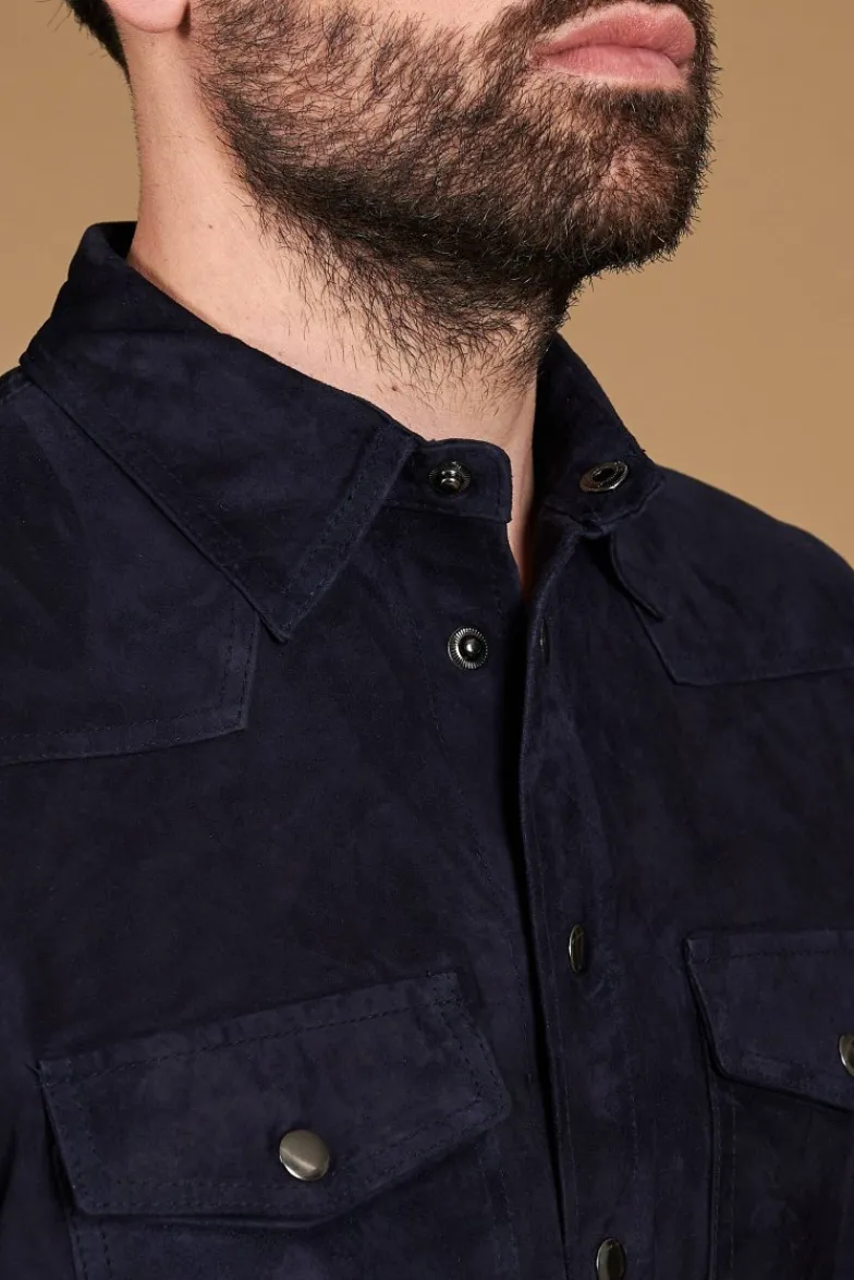 Uomo D'Arienzo Calvin - Camicia sfoderata camoscio blu con bottoni a pressione