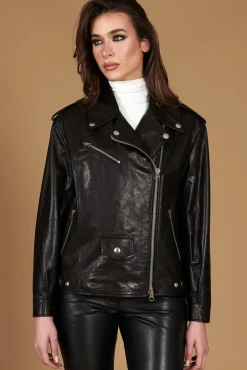 Donna D'Arienzo Camy - Giacca chiodo in pelle vintage nera vestibilità comoda