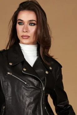 Donna D'Arienzo Camy - Giacca chiodo in pelle vintage nera vestibilità comoda