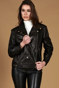 Donna D'Arienzo Camy - Giacca chiodo in pelle vintage nera vestibilità comoda