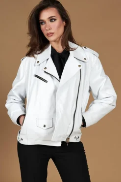 Donna D'Arienzo Camy - Giacca chiodo in pelle nappa bianca vestibilità comoda