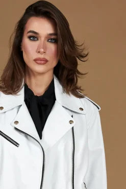 Donna D'Arienzo Camy - Giacca chiodo in pelle nappa bianca vestibilità comoda