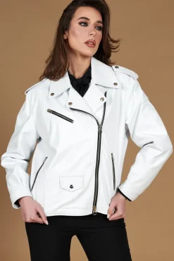 Donna D'Arienzo Camy - Giacca chiodo in pelle nappa bianca vestibilità comoda