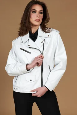 Donna D'Arienzo Camy - Giacca chiodo in pelle nappa bianca vestibilità comoda
