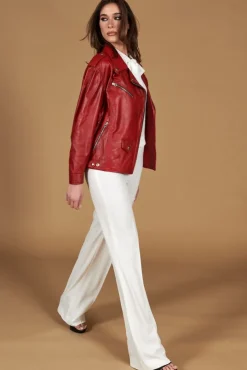 Donna D'Arienzo Camy - Giacca chiodo in pelle nappa rossa vestibilità comoda