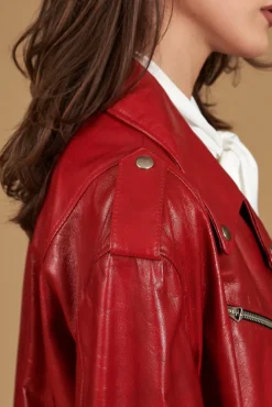 Donna D'Arienzo Camy - Giacca chiodo in pelle nappa rossa vestibilità comoda