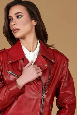 Donna D'Arienzo Camy - Giacca chiodo in pelle nappa rossa vestibilità comoda