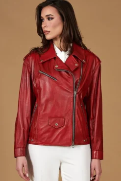 Donna D'Arienzo Camy - Giacca chiodo in pelle nappa rossa vestibilità comoda