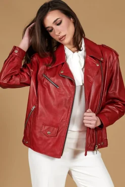 Donna D'Arienzo Camy - Giacca chiodo in pelle nappa rossa vestibilità comoda