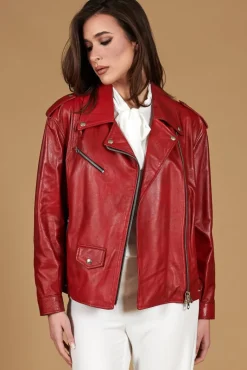 Donna D'Arienzo Camy - Giacca chiodo in pelle nappa rossa vestibilità comoda