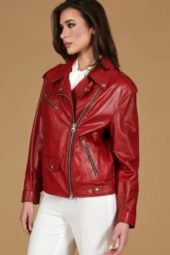 Donna D'Arienzo Camy - Giacca chiodo in pelle nappa rossa vestibilità comoda