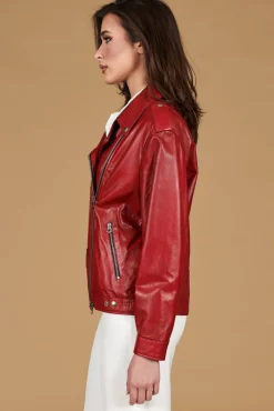 Donna D'Arienzo Camy - Giacca chiodo in pelle nappa rossa vestibilità comoda