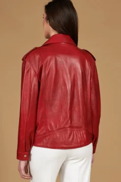 Donna D'Arienzo Camy - Giacca chiodo in pelle nappa rossa vestibilità comoda