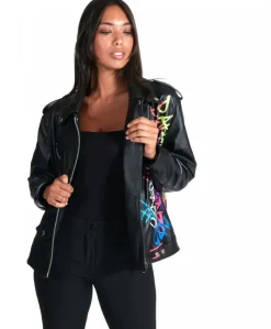 Donna D'Arienzo Camy - Giacca chiodo in pelle nappa laser nera vestibilità comoda