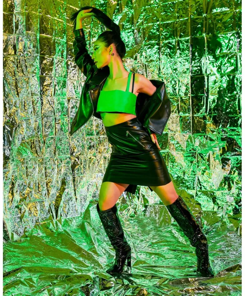 Donna D'Arienzo Charlotte - Gonna midi in pelle nera versione vita alta