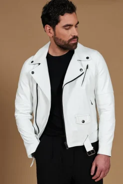 Uomo D'Arienzo Chiodo biker - Chiodo biker in pelle bianca con cintura nappa effetto liscio