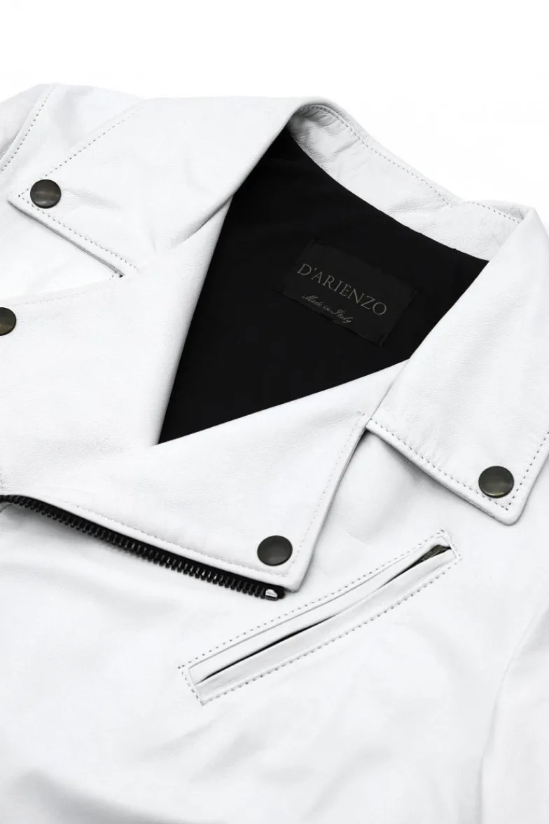 Uomo D'Arienzo Chiodo biker - Chiodo biker in pelle bianca con cintura nappa effetto liscio