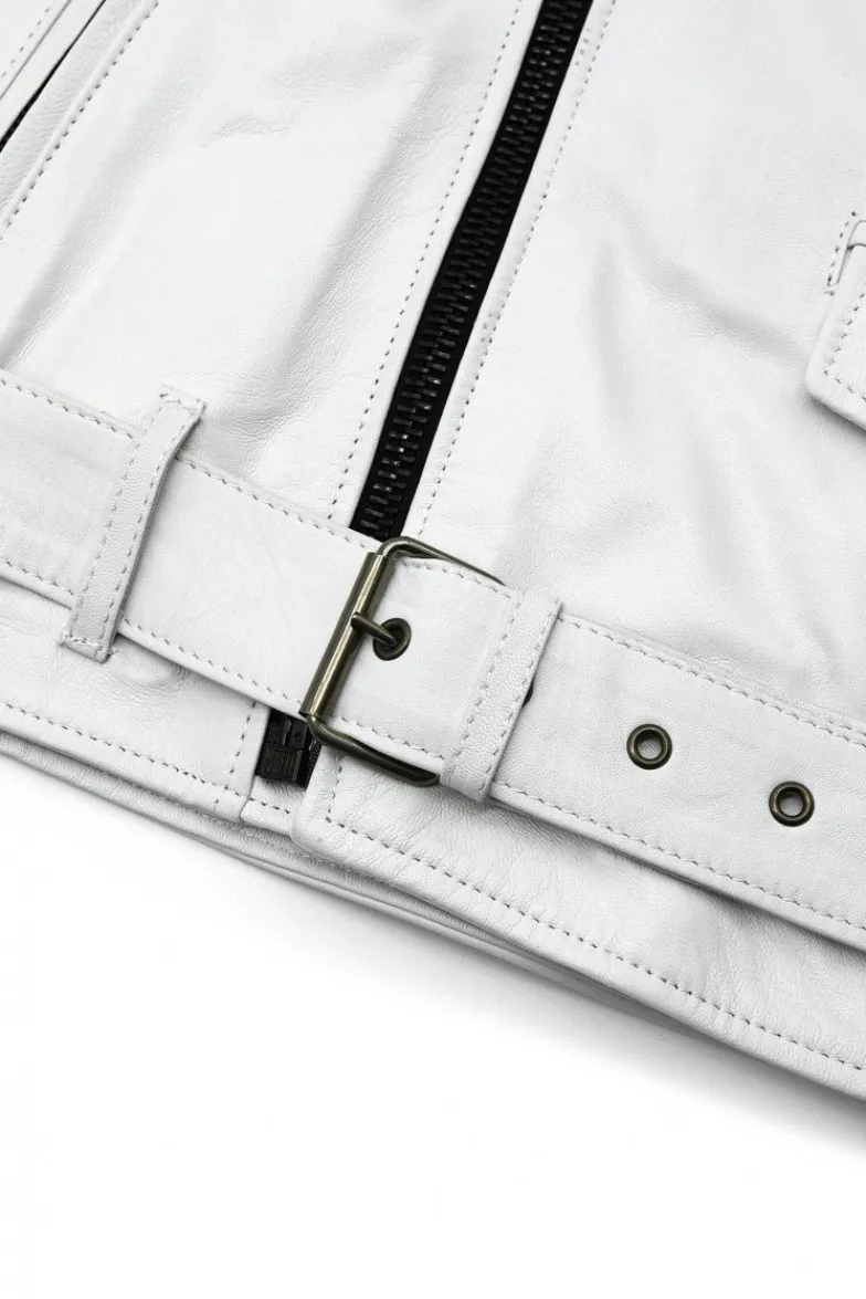 Uomo D'Arienzo Chiodo biker - Chiodo biker in pelle bianca con cintura nappa effetto liscio
