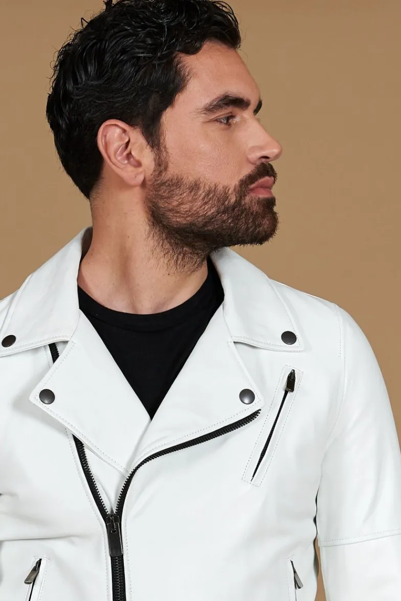 Uomo D'Arienzo Chiodo biker - Chiodo biker in pelle bianca con cintura nappa effetto liscio