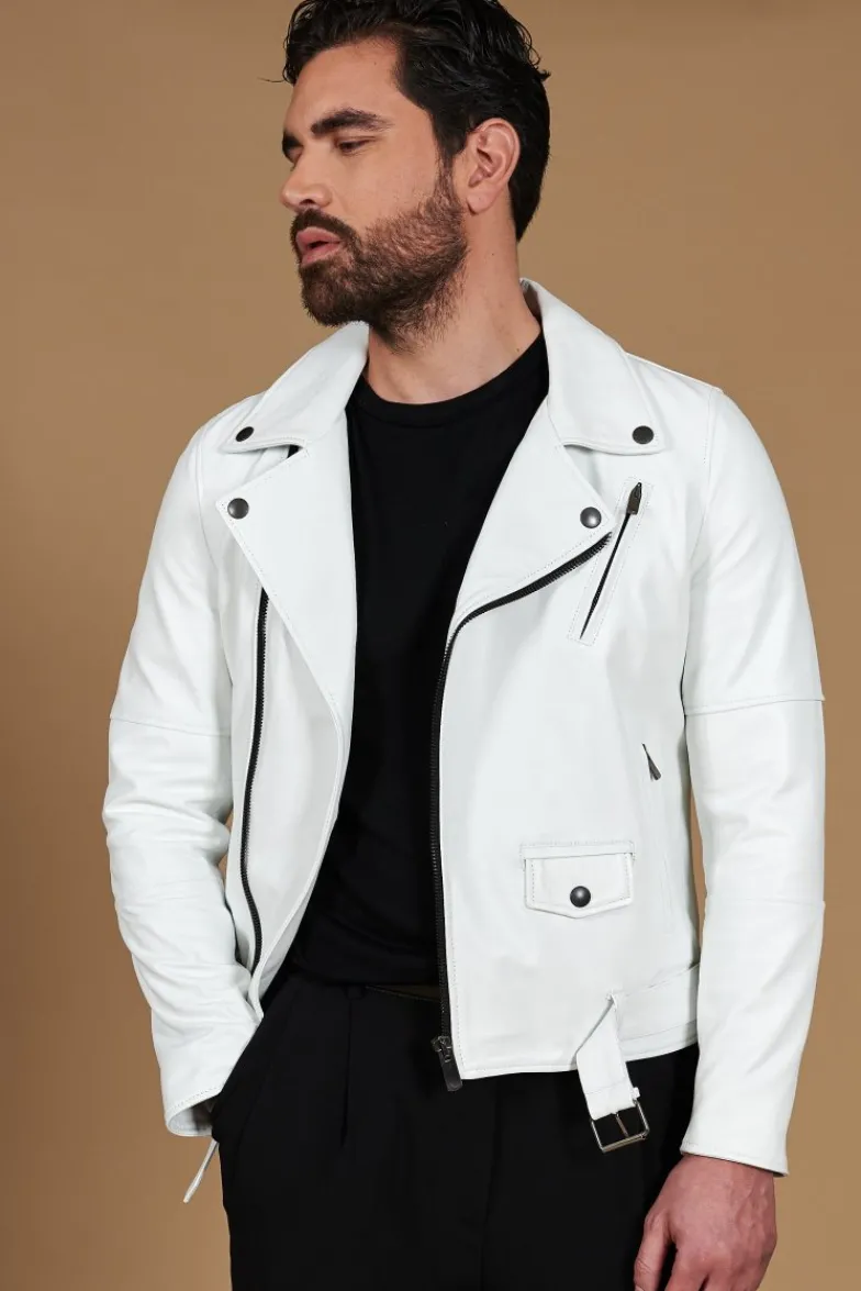 Uomo D'Arienzo Chiodo biker - Chiodo biker in pelle bianca con cintura nappa effetto liscio