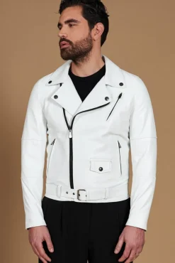 Uomo D'Arienzo Chiodo biker - Chiodo biker in pelle bianca con cintura nappa effetto liscio