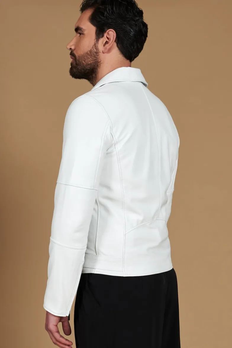 Uomo D'Arienzo Chiodo biker - Chiodo biker in pelle bianca con cintura nappa effetto liscio