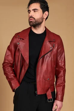 Uomo D'Arienzo Chiodo biker - Chiodo biker in pelle rossa con cintura effetto liscio
