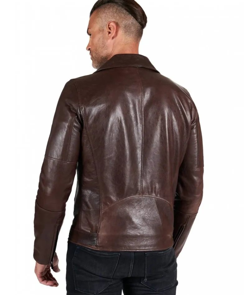 Uomo D'Arienzo Chiodo biker - Chiodo biker in pelle testa di moro con cintura effetto vintage